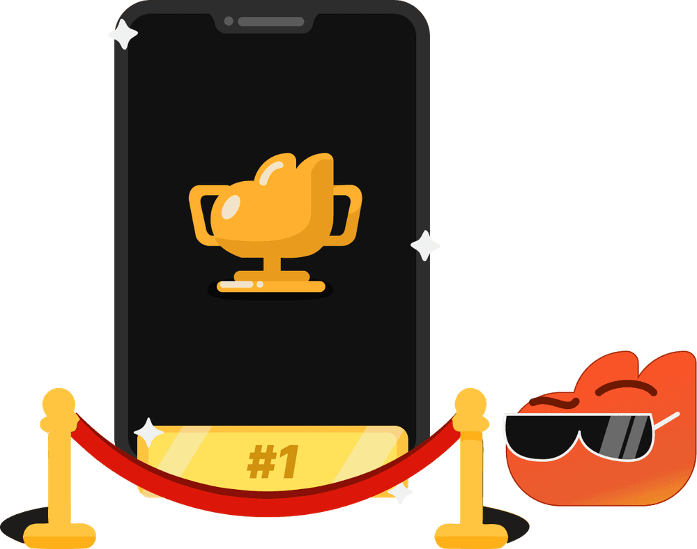 Dubby in sunglasses next to a phone showing a #1 trophy