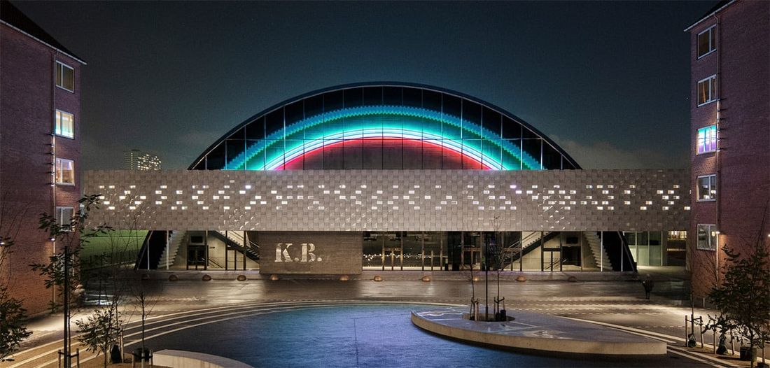 K.B. Hallen arena in Copenhagen, lit up at night