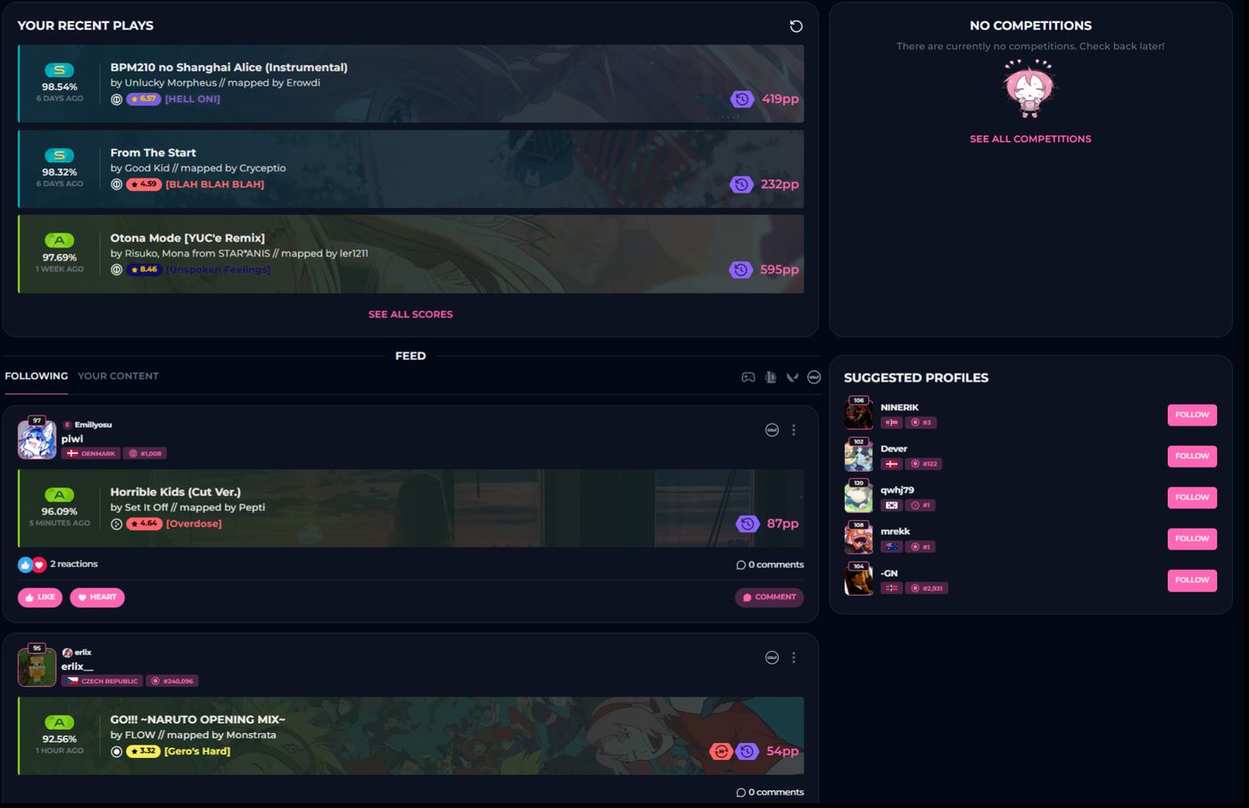 The Leagues.gg dashboard: recent plays, a social feed, competitions and suggested profiles