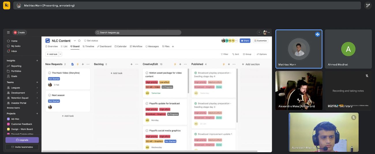 A Friday run-of-show call: Mathias Horn presenting the NLC Content board in Asana to the team
