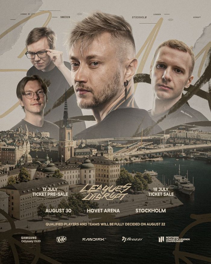 Leagues Disrupt Stockholm poster with Samsung Odyssey OLED, KitKat, SanDisk, Arozzi and NLC logos